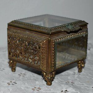 Antique Vintage Ormolu Brass Beveled Glass Footed Trinket Jewelry Casket Box